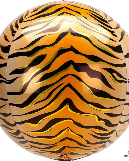 Spherical balloon with tiger stripe pattern on a white background