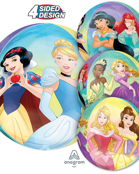 Four circular balloons featuring Disney princesses with a visible '4 Sided Design' logo and 'anagram' branding.