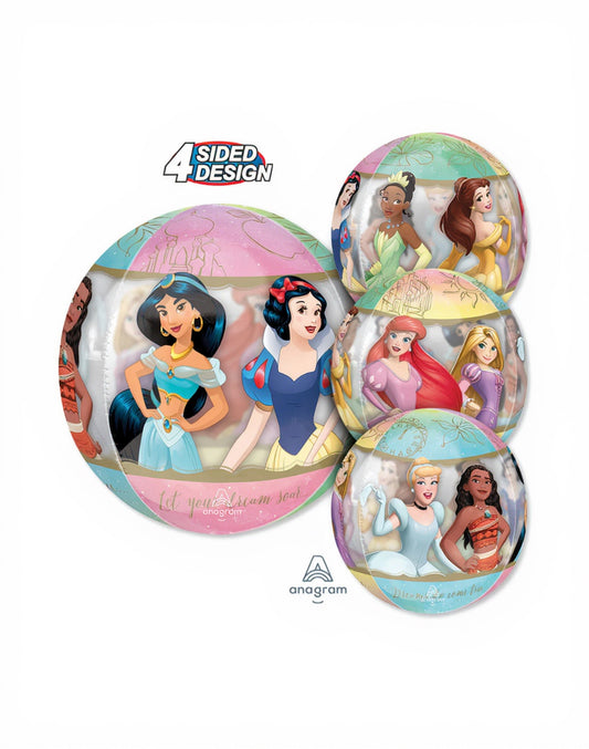 Four round candy wraps featuring Disney princesses with '4-Sided Design' branding.