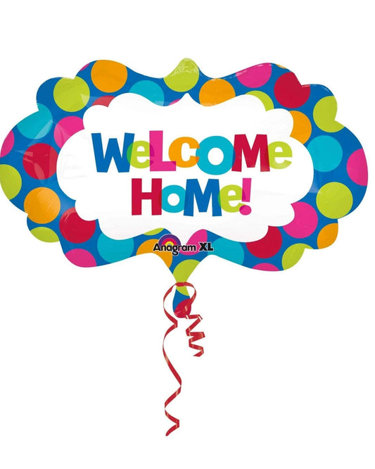 Colorful balloon with 'Welcome Home!' text on a white background