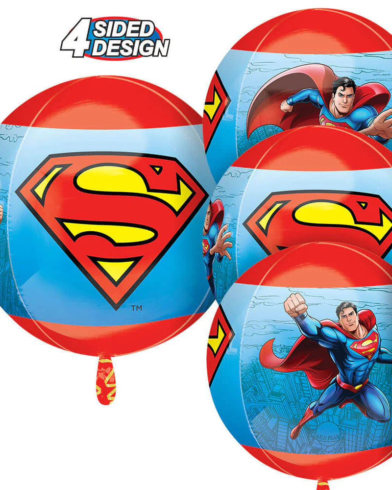 Superman-themed balloons with 4-sided design on a white background