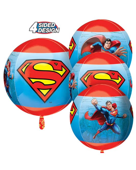 Superman-themed balloons with 4-sided design on a white background