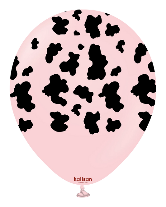 Pink balloon with black cow print pattern on a white background