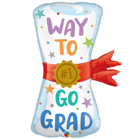 Inflatable graduation balloon with colorful text and design on a white background