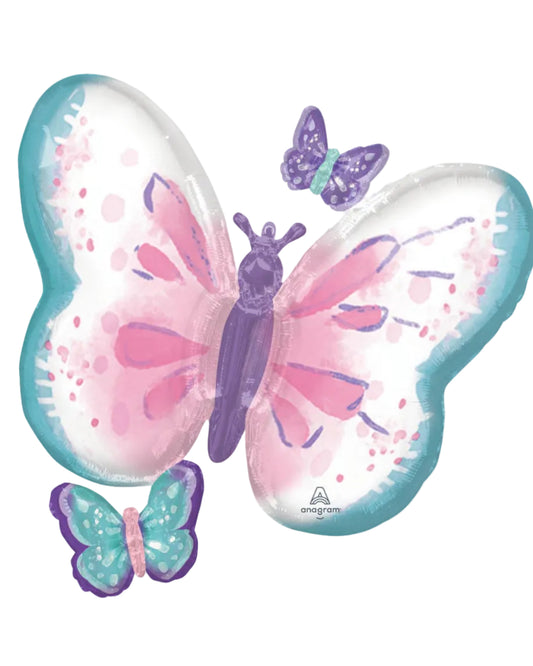 Butterfly-shaped balloon with pink and purple colors on a white background