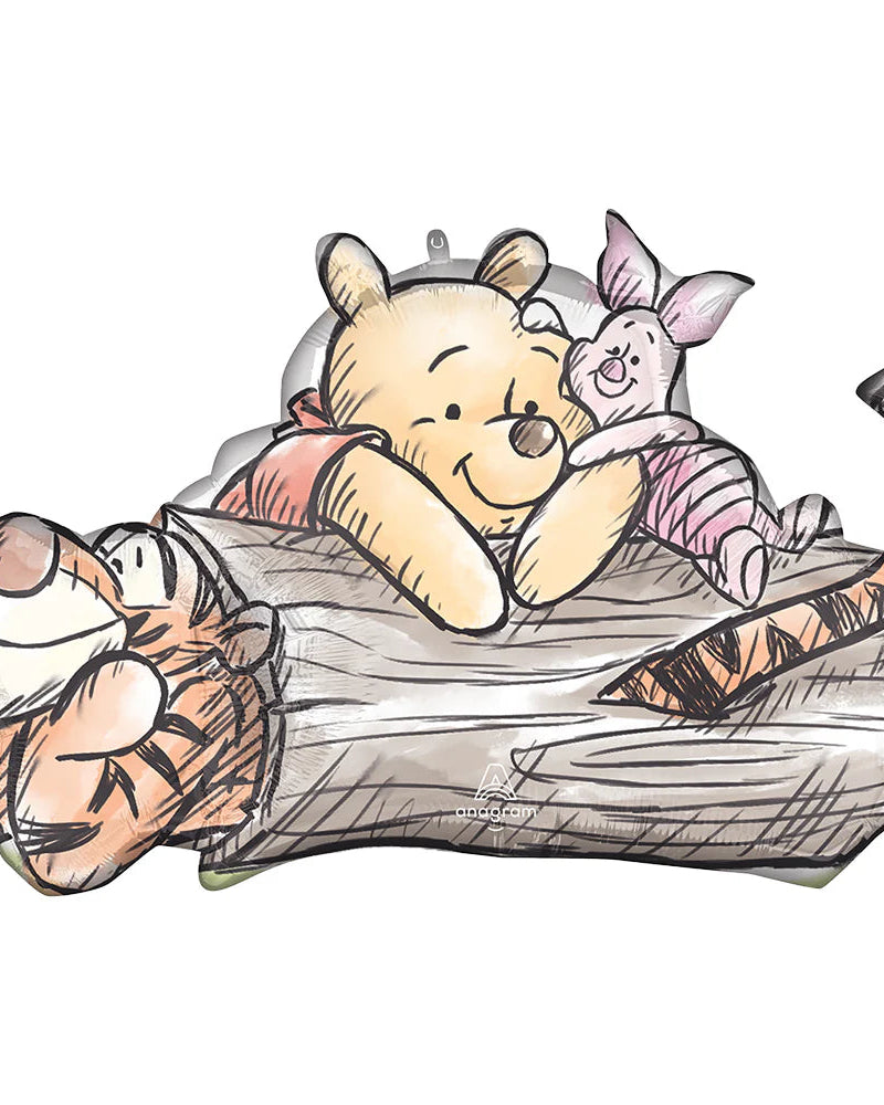 Illustration of Pooh, Piglet, and Tigger lying on a rock with a white background