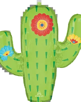 Cactus-shaped balloon with floral designs on a white background