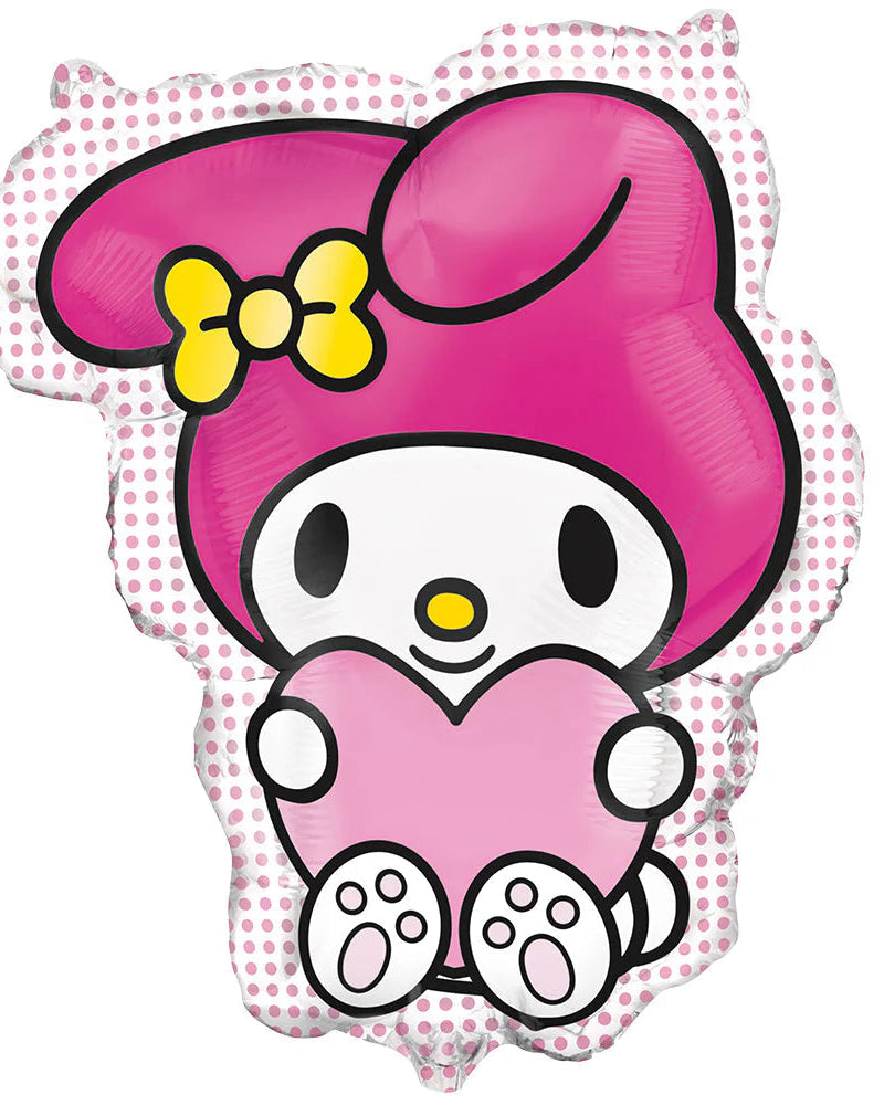 Pink cartoon character with a yellow bow and white heart on a pink polka dot background