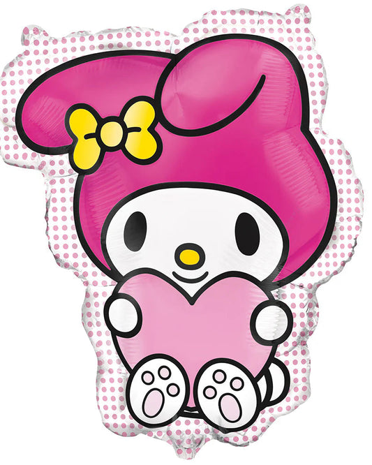 Pink cartoon character with a yellow bow and white heart on a pink polka dot background