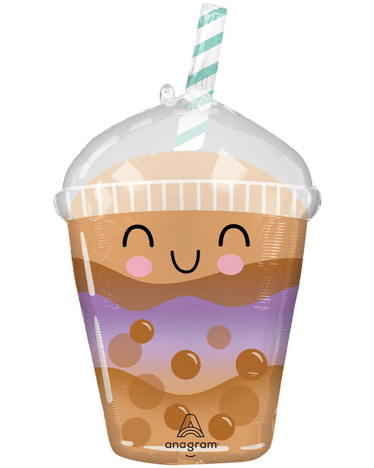 Balloon shaped like a bubble tea with a smiley face design on a white background