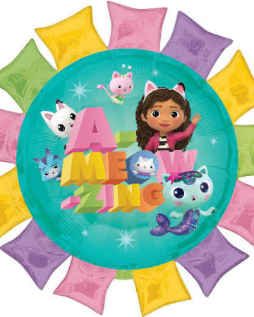 Colorful balloon with cartoon characters and text on a white background
