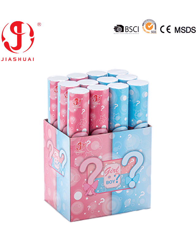 A display box filled with cylindrical mystery rolls in pink and blue packaging, labeled 'Girl Boy' with question marks, on a white background with the brand name JIASHUAI and certification marks at the top.