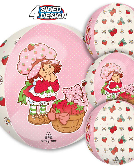 Set of Strawberry Shortcake-themed balloons with a 4-sided design on a white background.