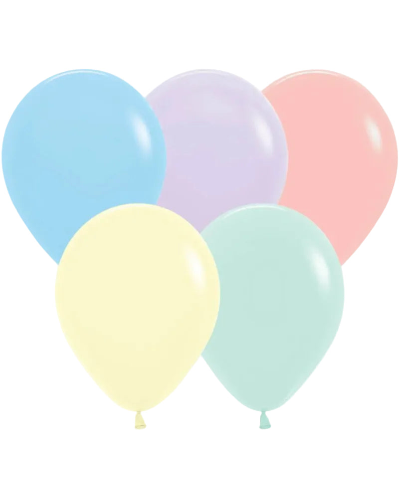 Five pastel-colored balloons on a white background