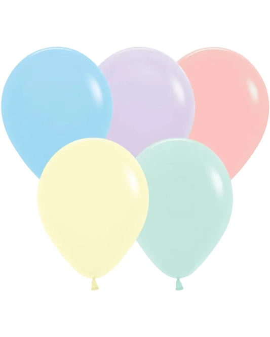 Five pastel-colored balloons on a white background