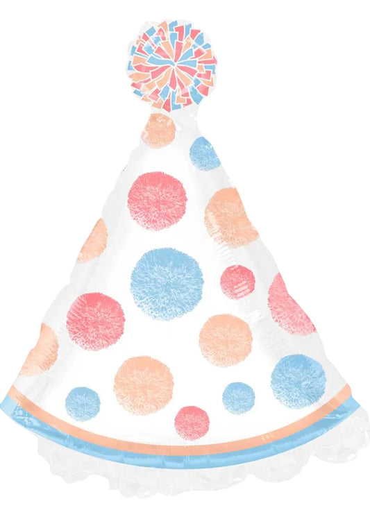 Colorful party hat with polka dot pattern on a white background