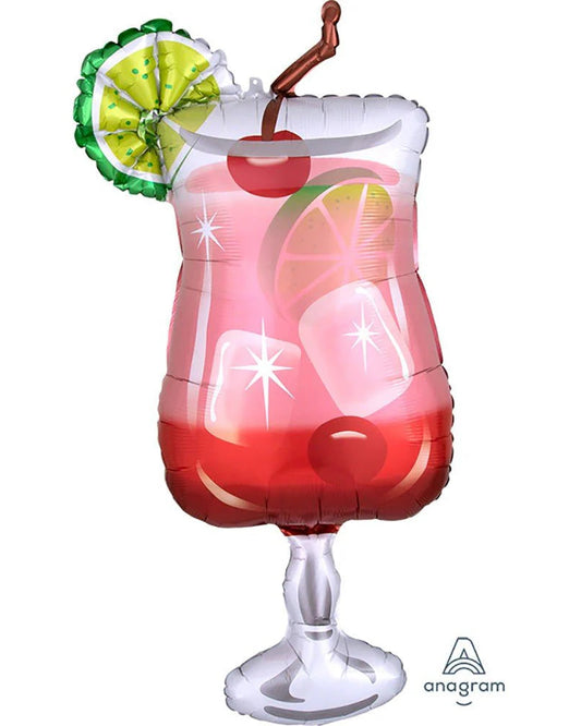 Inflatable cocktail balloon with a red drink, lime wedge, and cherry on top against a white background.