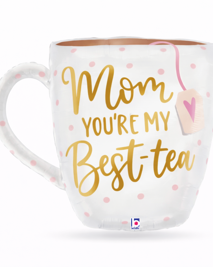 White mug with gold text 'Mom you're my best-tea' on a white background