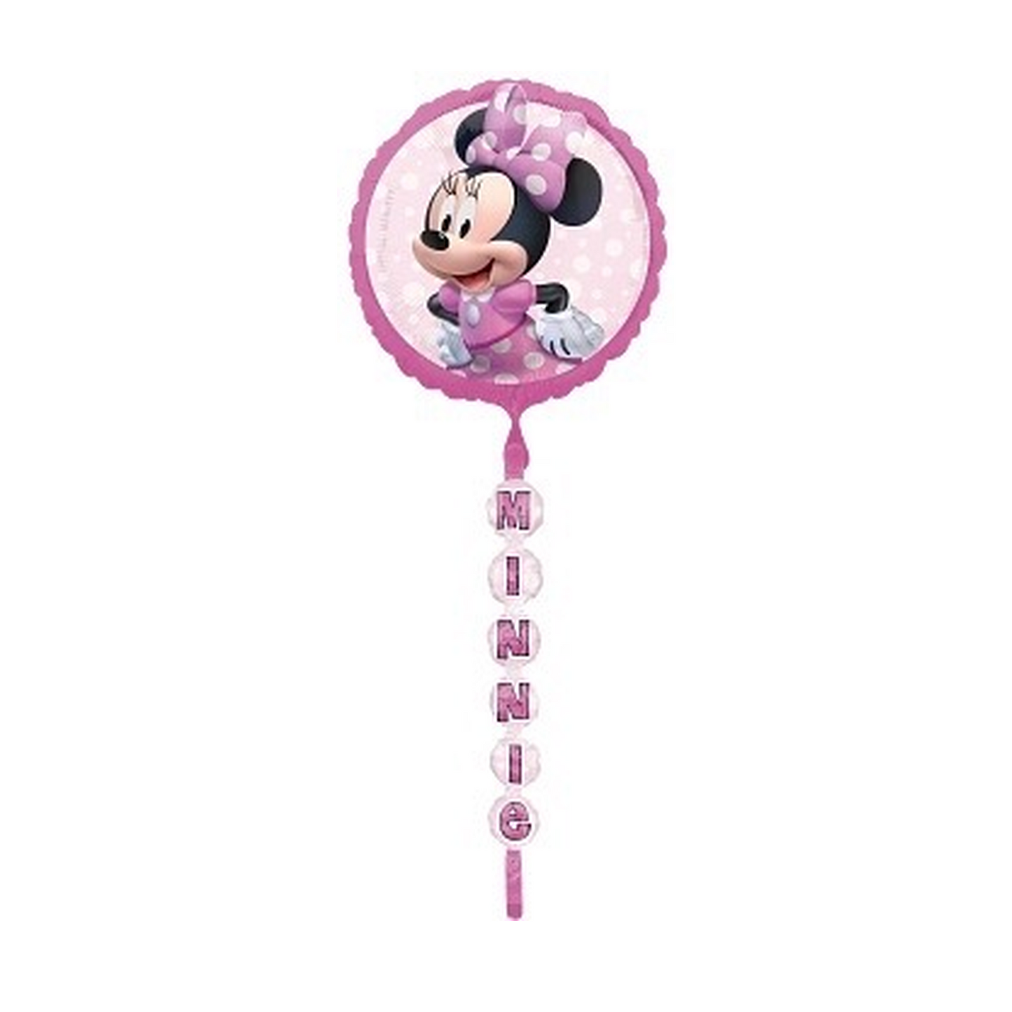 Minnie Mouse-themed balloon with pink border and bow on a white background