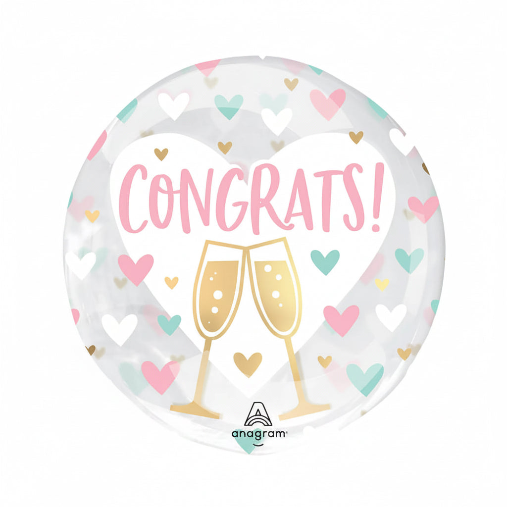 Decorative balloon with 'Congrats!' text and champagne glasses, featuring hearts and Anagram branding.