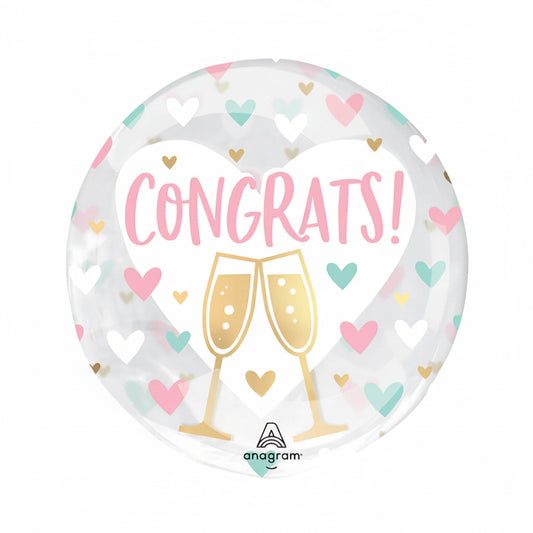 Decorative balloon with 'Congrats!' text and champagne glasses, featuring hearts and Anagram branding.