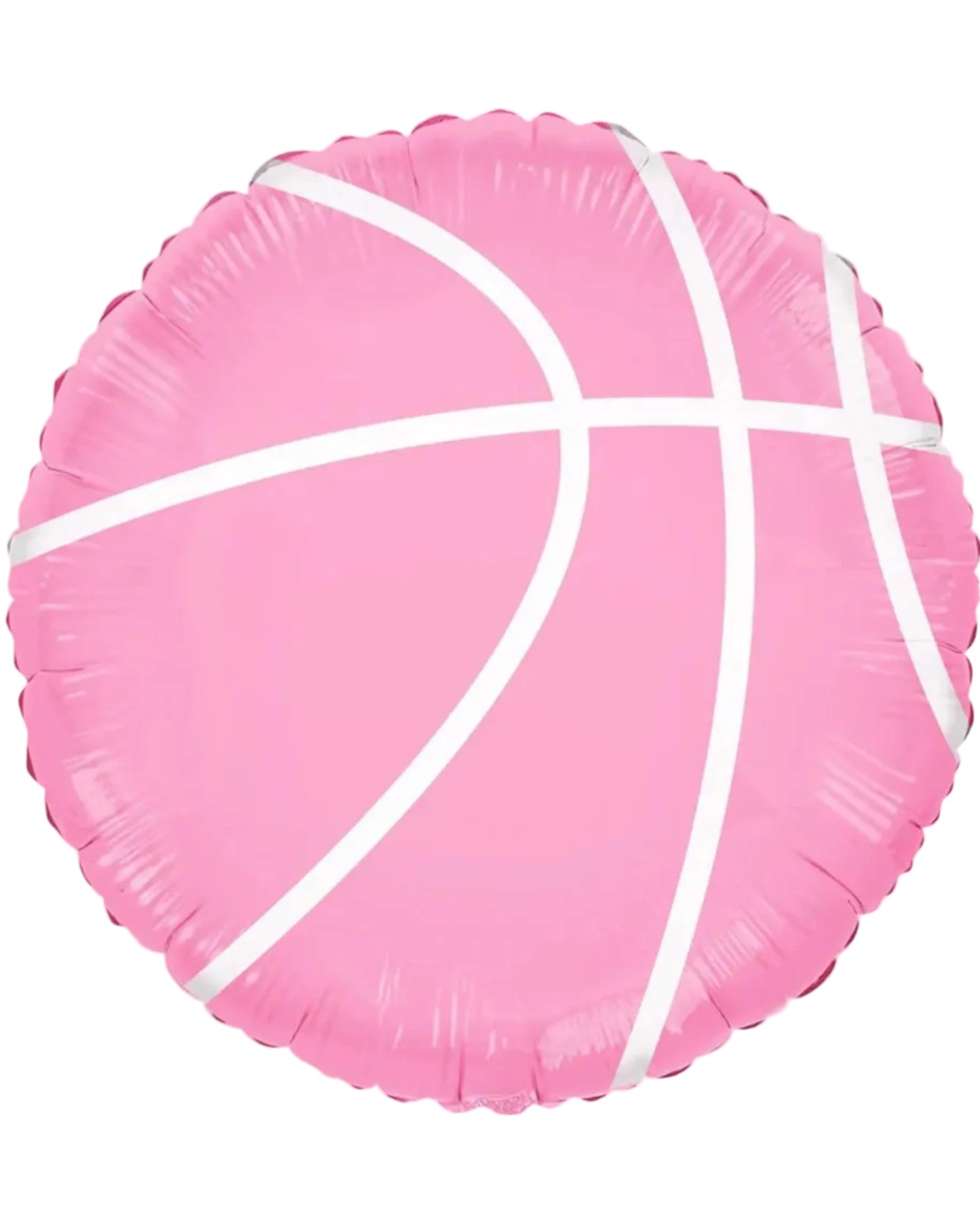 Pink balloon shaped like a basketball with white lines on a white background