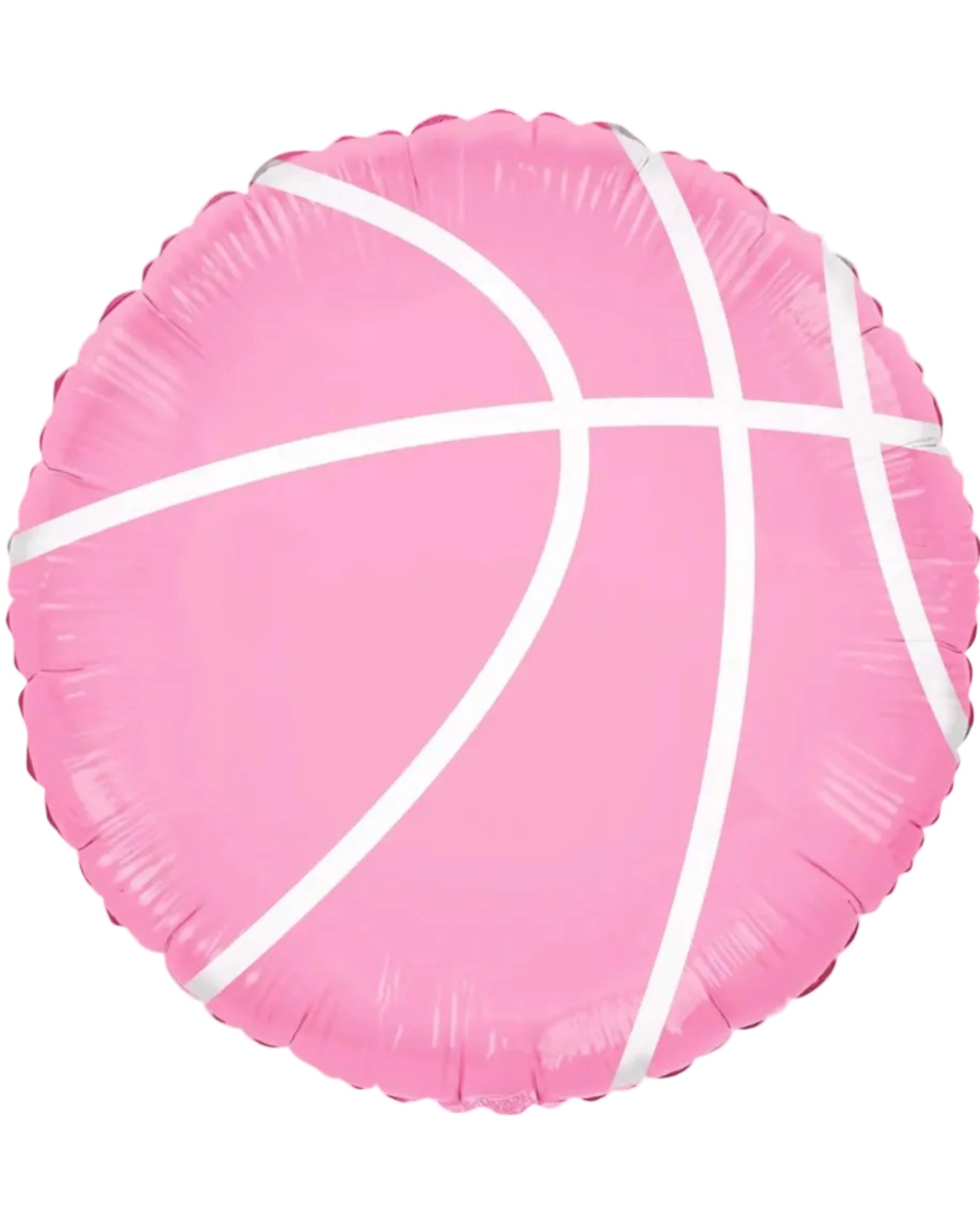 Pink balloon shaped like a basketball with white lines on a white background