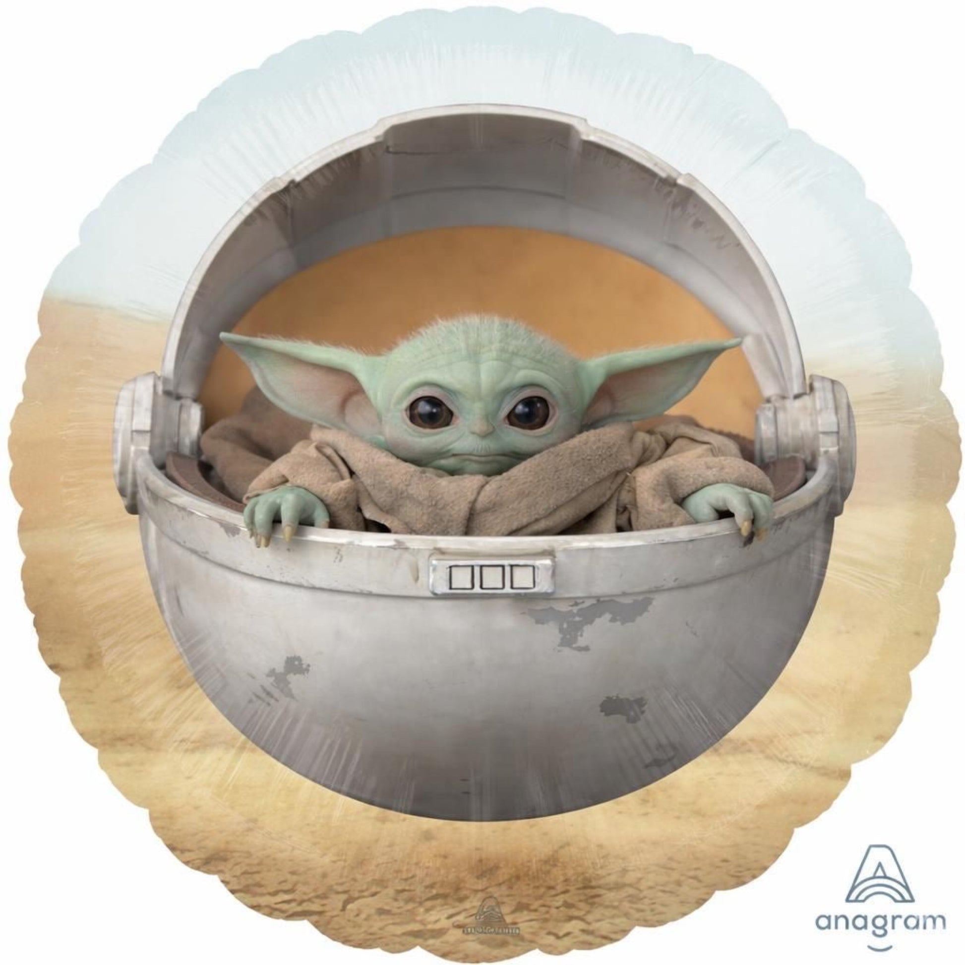 Balloon with Baby Yoda in a pod design, featuring the Anagram logo.