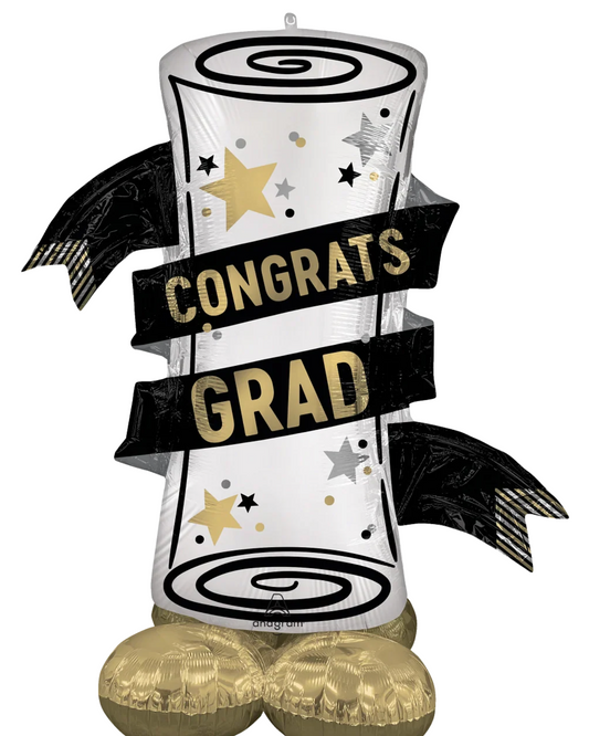 Graduation-themed balloon with 'Congrats Grad' text on a white background