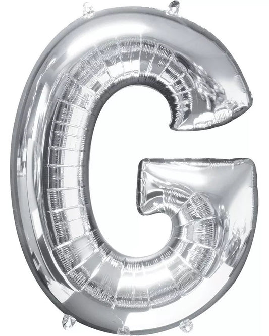 Silver letter 'G" balloon on a white background