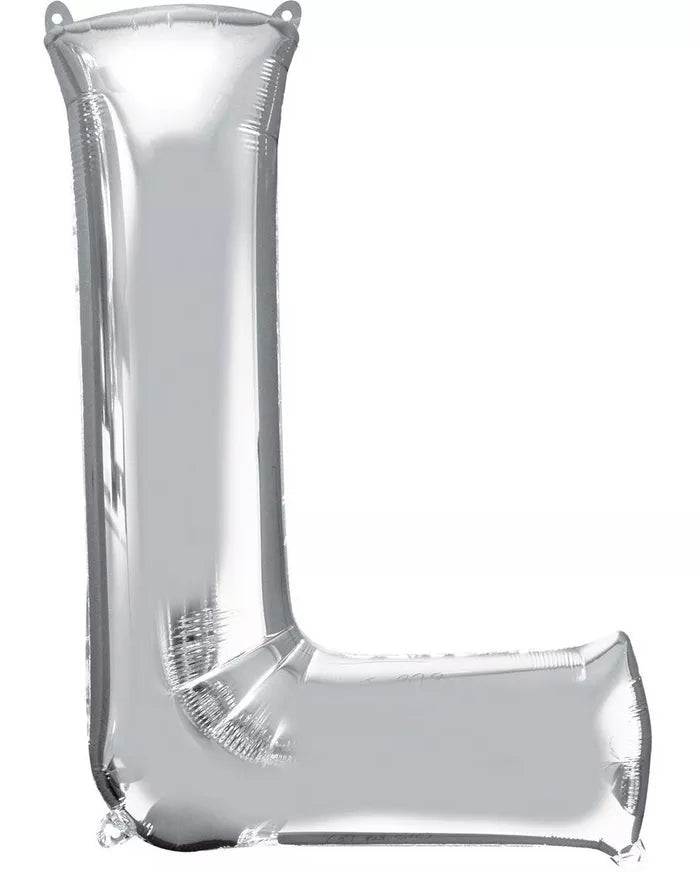 Silver letter 'L' balloon on a white background