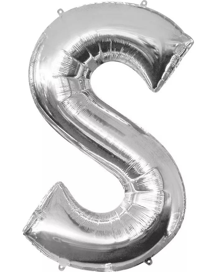 Silver letter 'S' balloon on a white background