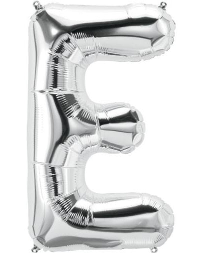 Silver letter 'E' balloon on a white background