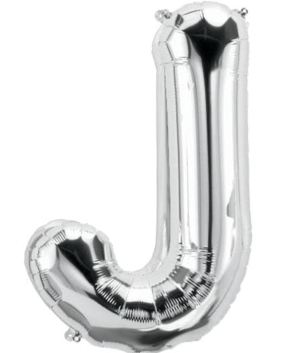 Silver letter 'J' balloon on a white background