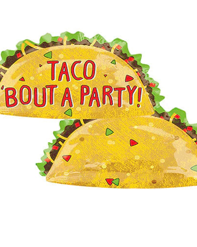 Two inflatable taco-shaped balloons with 'Taco Bout a Party!' text on a white background