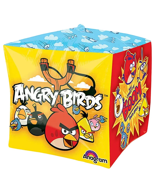 Colorful box with Angry Birds branding featuring cartoon birds and a slingshot.