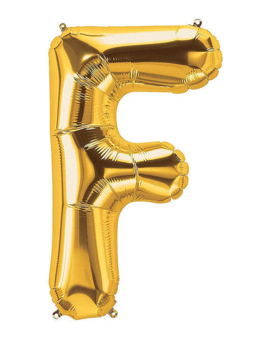 Gold letter 'F' balloon on a white background
