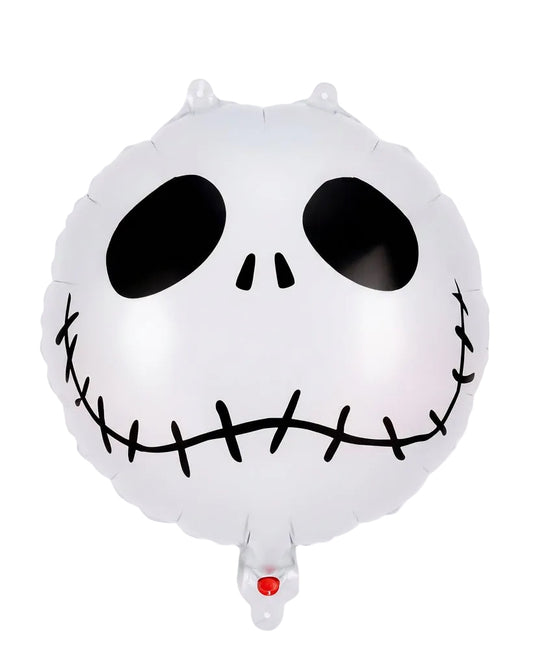 A white inflatable foil balloon shaped like a cartoon skull with black eyes, nose, and stitched smile, shown with printed dimension labels reading 18 inch/46 cm width and 20 inch/50 cm height, plus a small '6 pcs' badge on a white background.