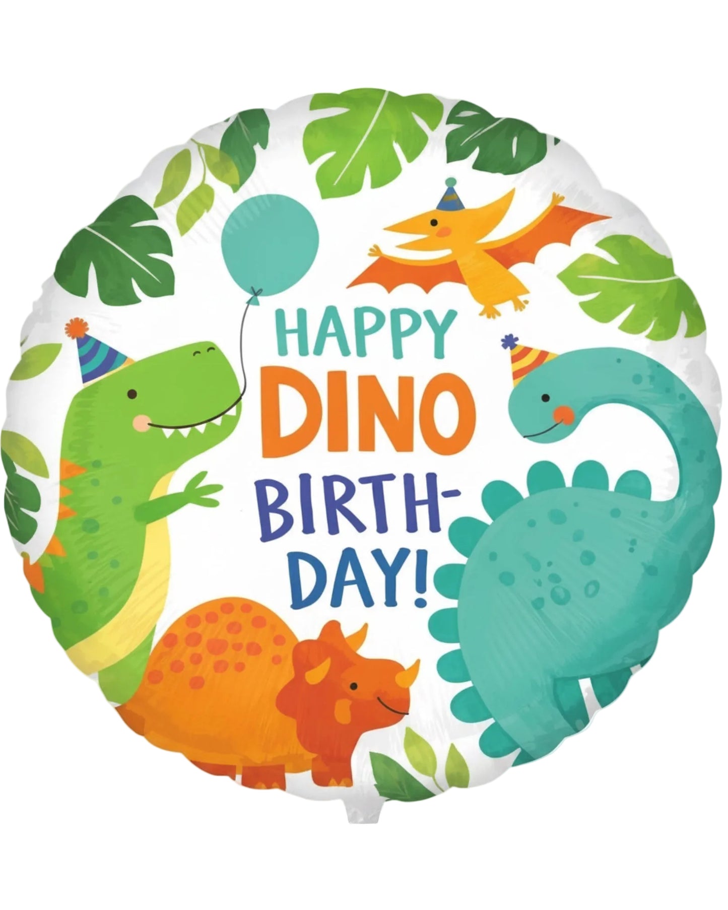 Colorful balloon with cartoon dinosaurs and 'Happy Dino Birthday!' text on a white background