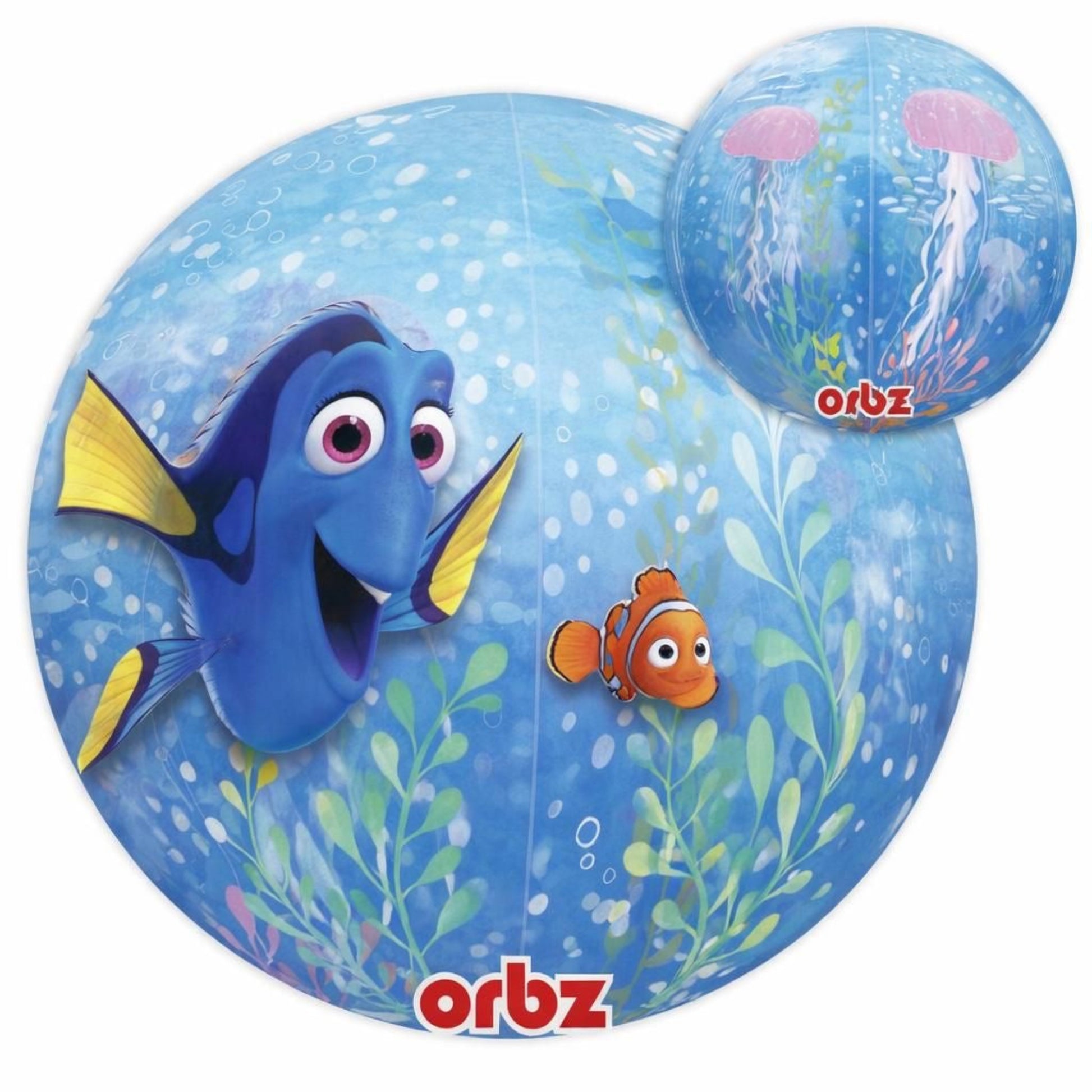 Orbz inflatable ball with cartoon fish characters on a blue background