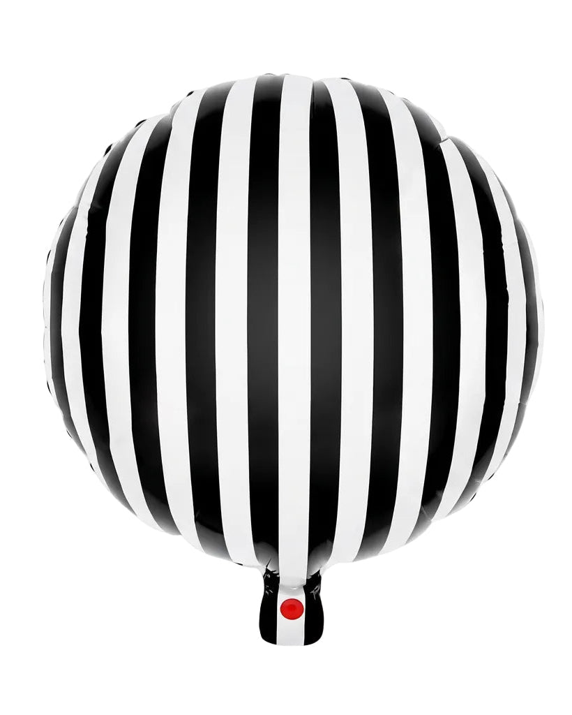 A product size diagram showing a round black-and-white striped balloon or balloon-like decoration with dimension arrows and labels reading 18 inch/46 cm across the bottom, 20 inch/50 cm height on the left, and 20 inch/50 cm height on the right. The top has a banner reading Product Size, and the bottom says 6 pieces.