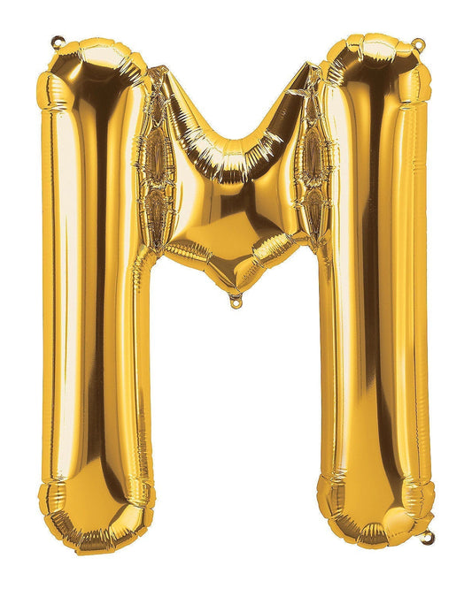 Gold letter 'M' balloon on a white background