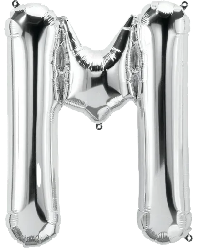 Silver letter 'M' balloon on a white background