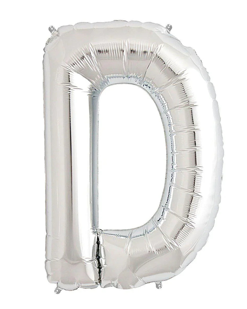 Silver letter 'D' balloon on a white background
