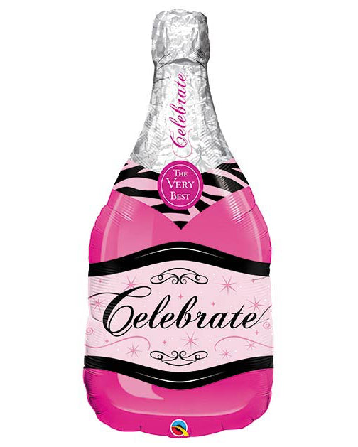 Pink and silver balloon shaped like a champagne bottle with 'Celebrate' text on a white background