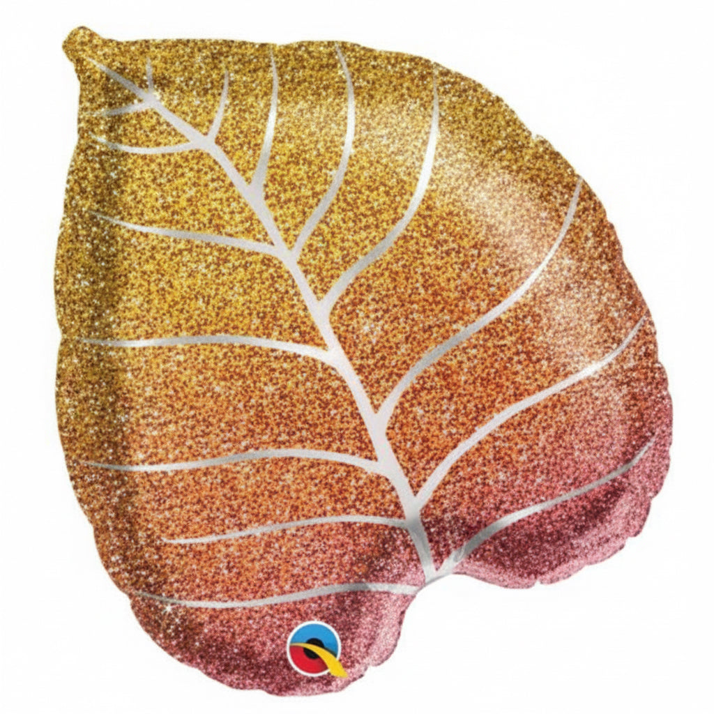 Colorful leaf-shaped balloon with a rainbow gradient and a visible brand logo.