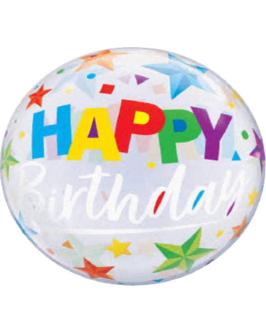 Transparent balloon with colorful 'Happy Birthday' text and stars on a white background