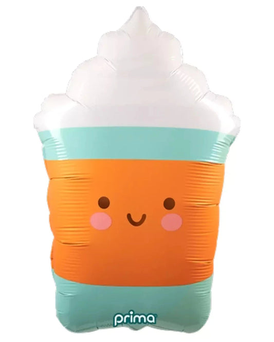 Candy corn-shaped inflatable pillow with a smiley face on a white background, featuring the brand 'prima'.